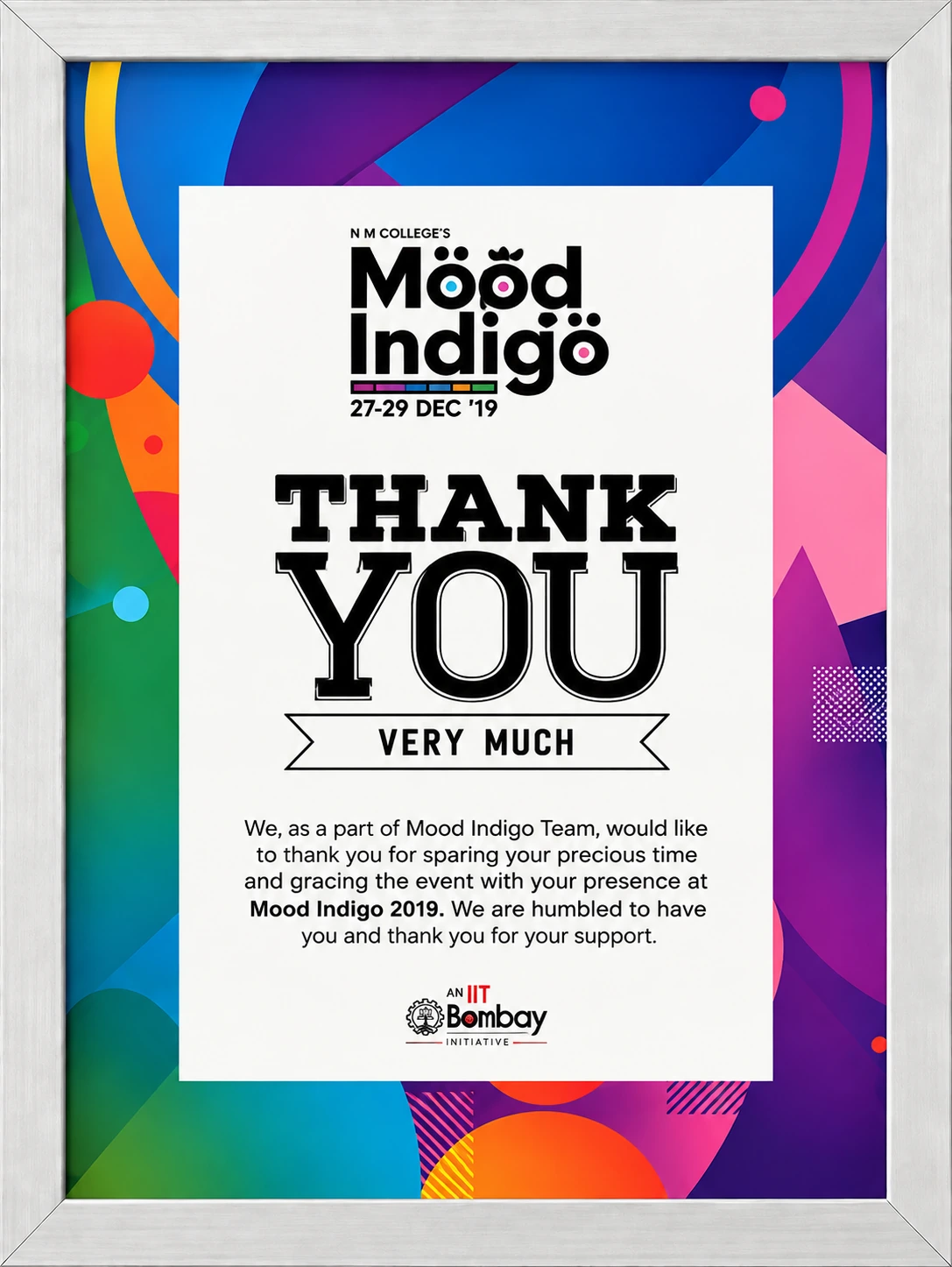 N M College's Mood Indigo thank-you certificate for Vocalite