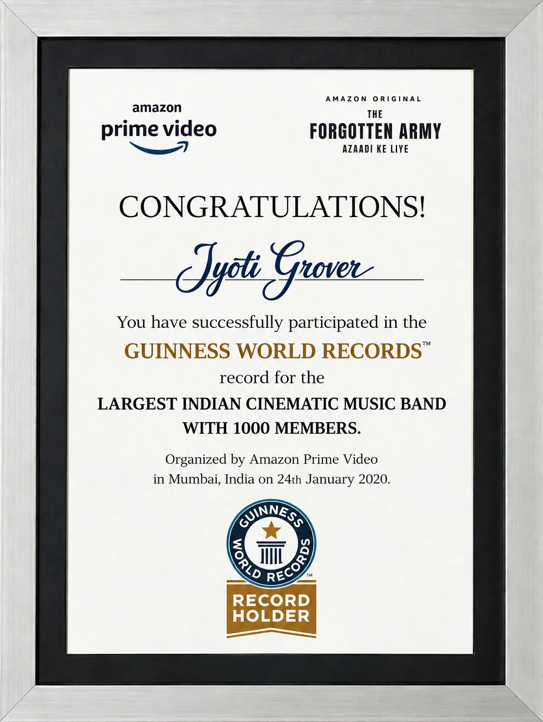 Guinness World Record certificate — largest Indian cinematic music band with 1000 members